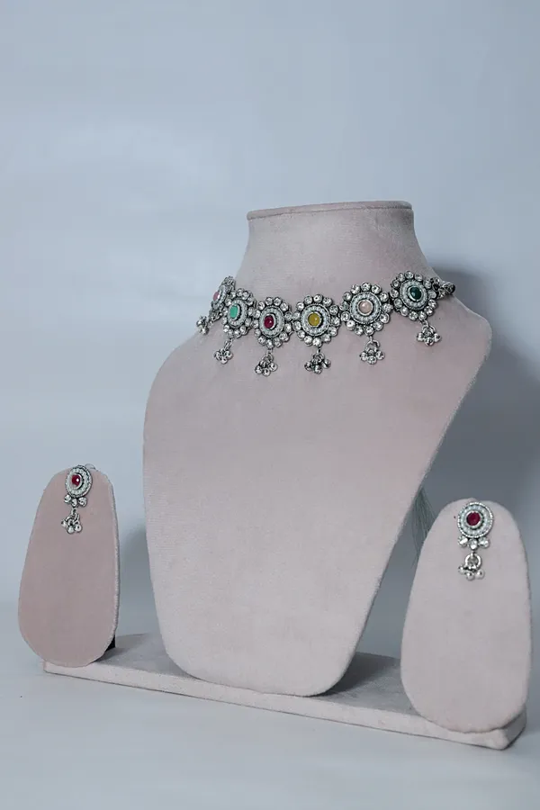 Silver_Oxidized_Ethnic_Charm_Necklace_Earring_Set_For_Women