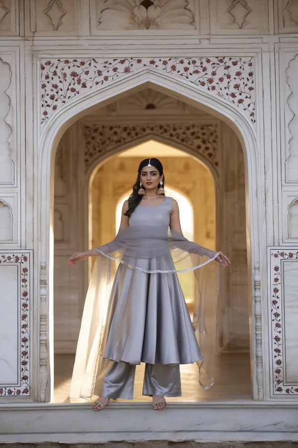 Grey_Japanese_Satin_&_Organza_Suit_For_Women