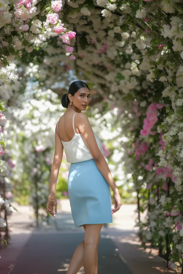 Japanese_Satin_top_and__blue_pencil_skirt_set