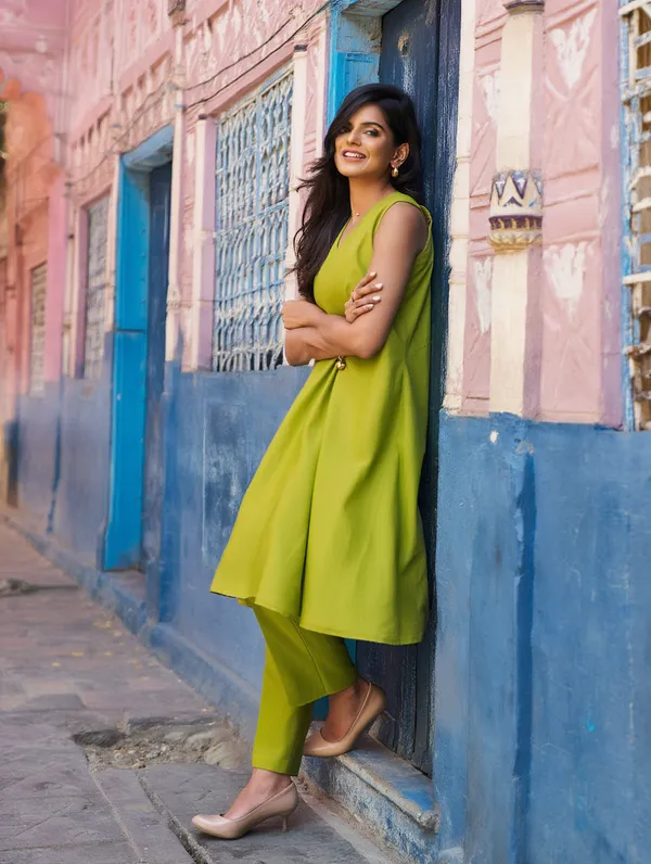 Mehandi_Cotton-Linen_Blend_Kurti_Set_For_Women