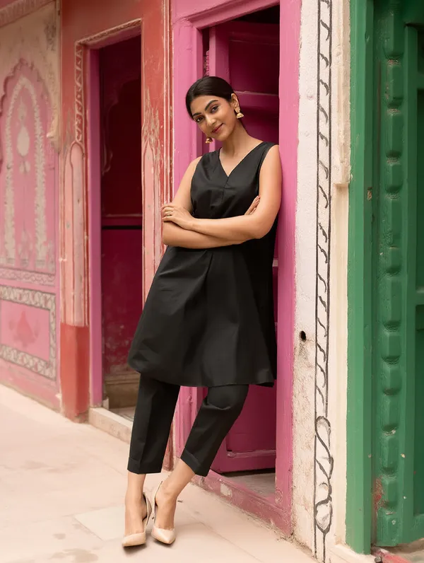 Black_Cotton-Linen_Blend_Kurti_Set_For_Women