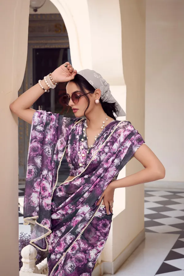 Purple_Elegant_Floral_Printed_Chiffon_Saree_For_Women