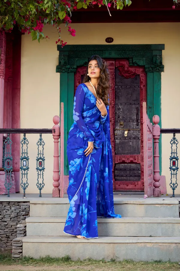 Royal_Blue_Floral_Printed_Chiffon_Saree_With_Pearl_Lace_Border
