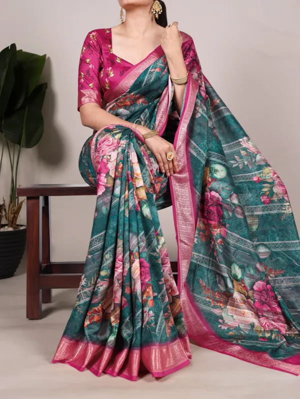 Teal_Striking_Floral_Digital_Printed_Chiffon_Saree_With_Contrast_Fuchsia_Border