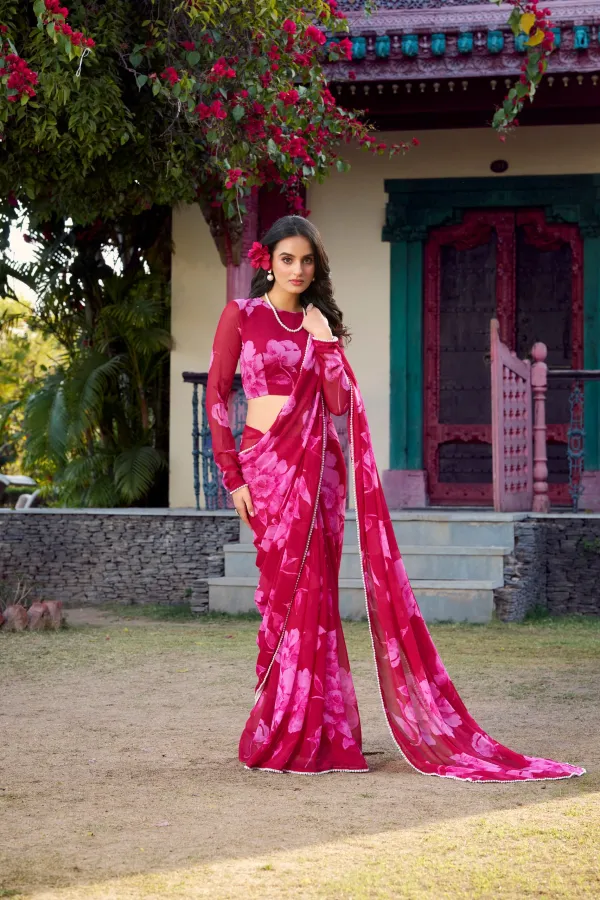 Pink_Floral_Printeded_Chiffon_Saree_With_Pearl_Lace_Border