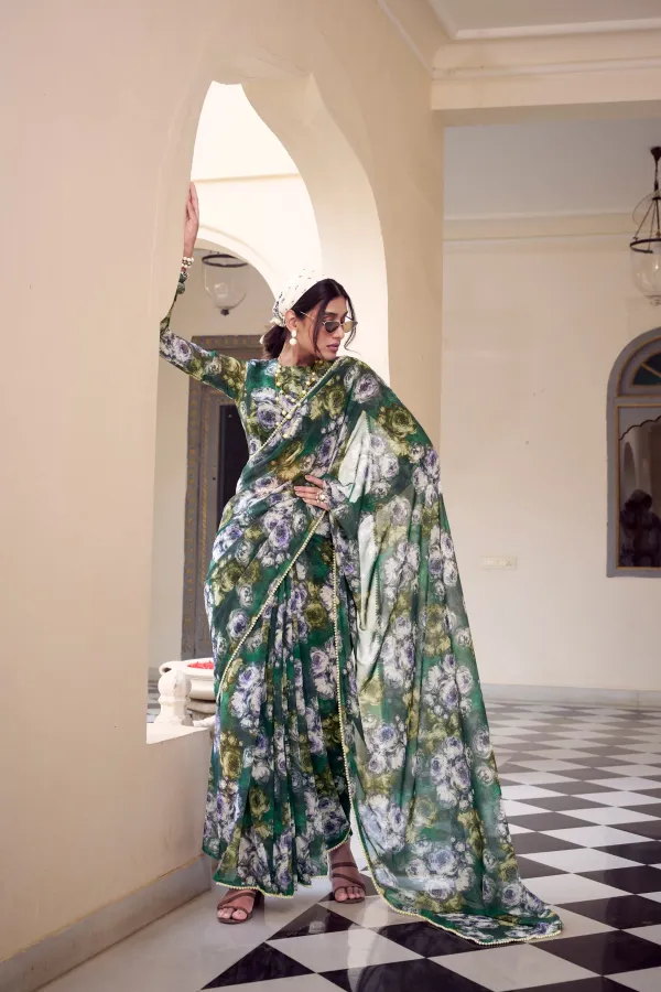 Green_Elegant_Floral_Printed_Chiffon_Saree_For_Women
