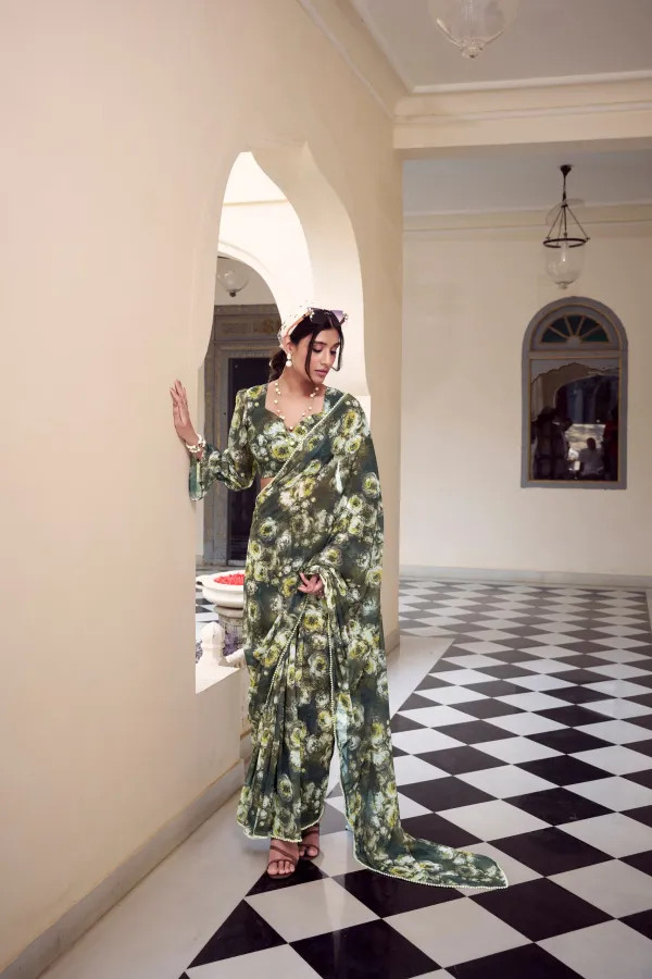 Olive_Green_Elegant_Floral_Printed_Chiffon_Saree_For_Women