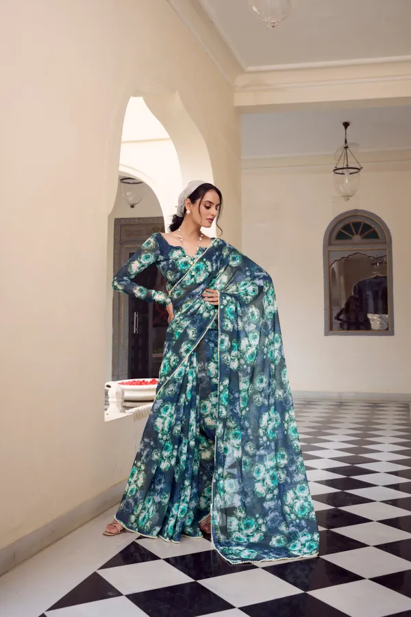 Navy_Blue_Elegant_Floral_Printed_Chiffon_Saree_For_Women