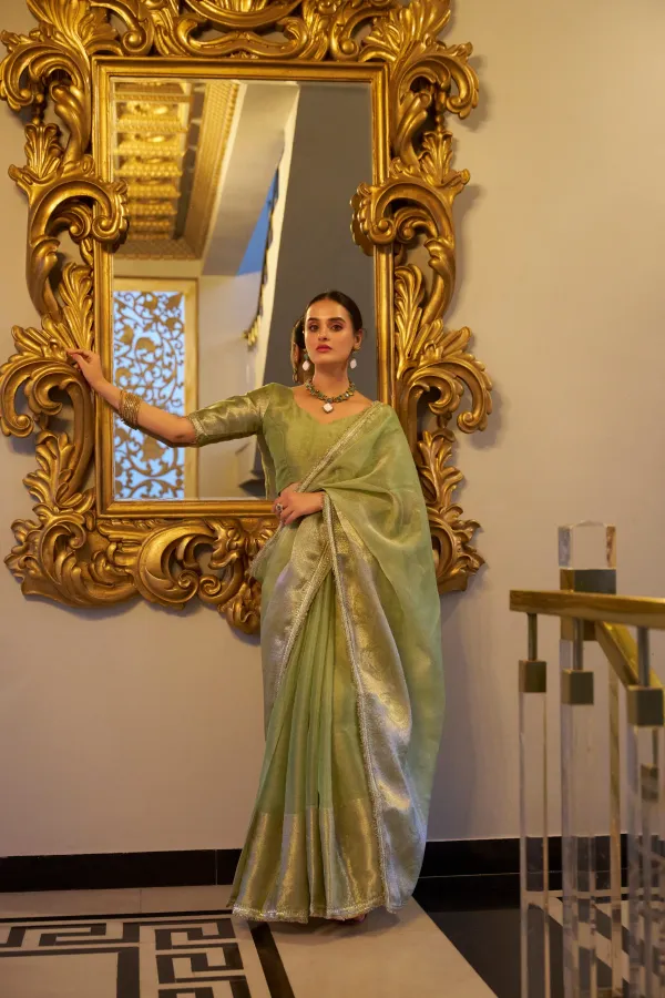 Pista_Tissue_Silk_Saree_With_Rich_Golden_Zari_Border