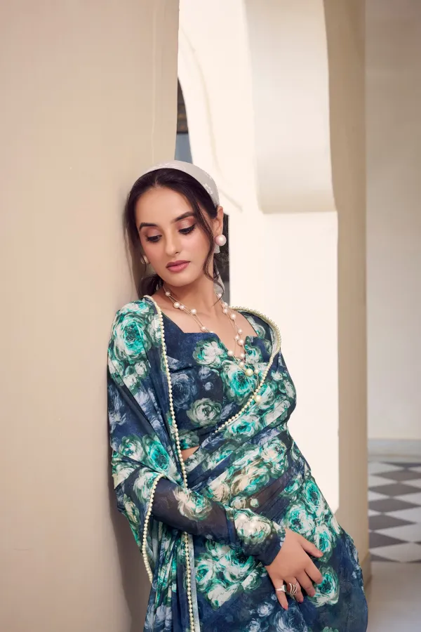 Navy_Blue_Elegant_Floral_Printed_Chiffon_Saree_For_Women