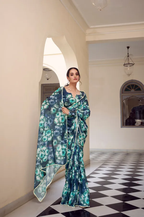 Navy_Blue_Elegant_Floral_Printed_Chiffon_Saree_For_Women