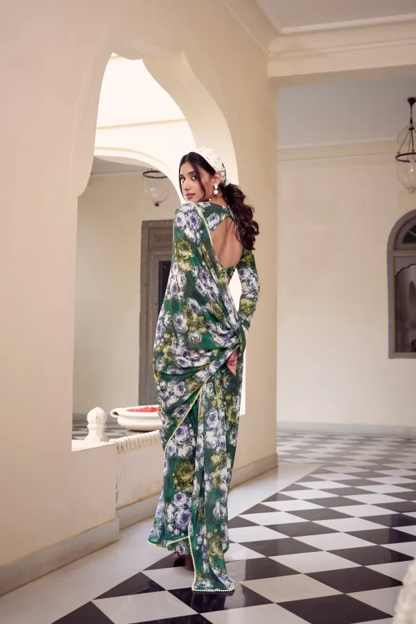 Green_Elegant_Floral_Printed_Chiffon_Saree_For_Women