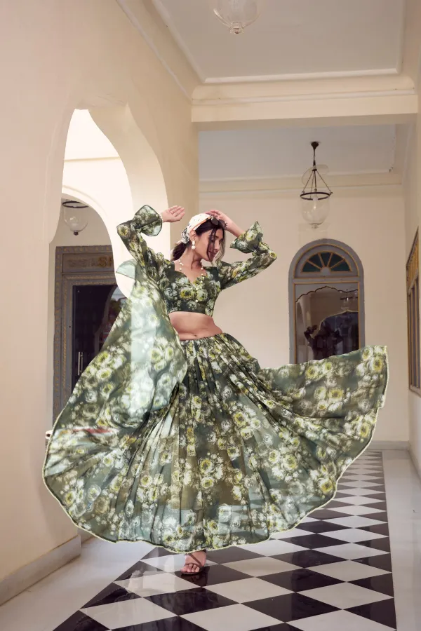 Olive_Green_Elegant_Floral_Printed_Chiffon_Saree_For_Women