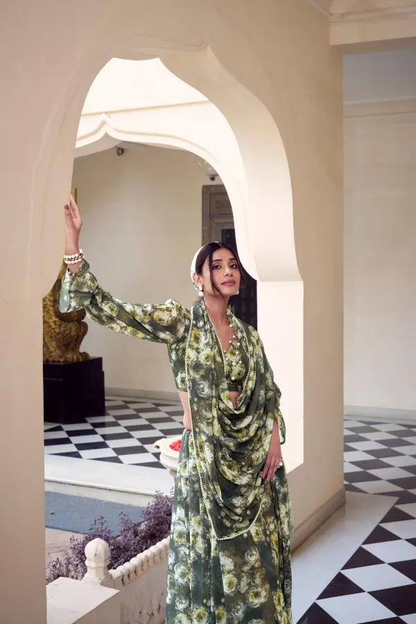 Olive_Green_Elegant_Floral_Printed_Chiffon_Saree_For_Women
