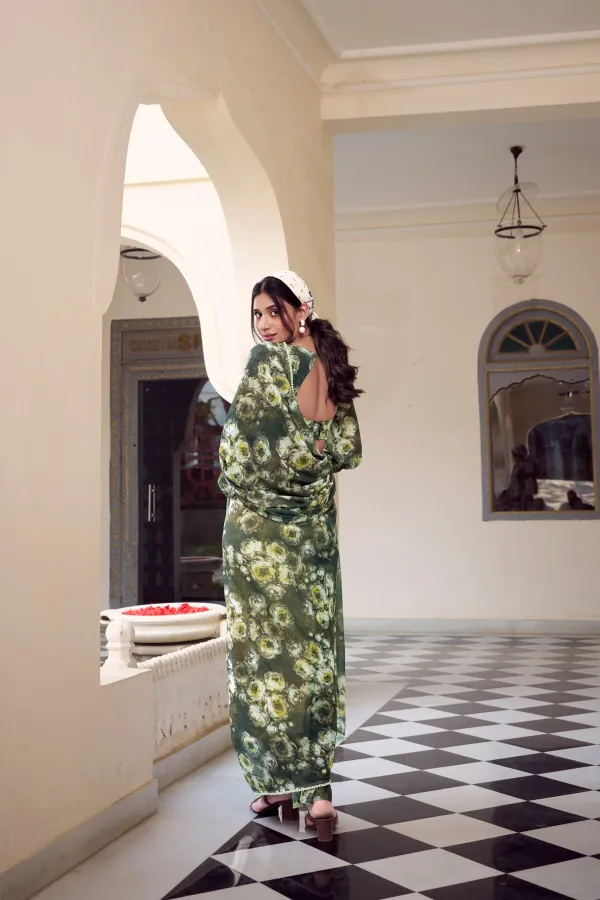 Olive_Green_Elegant_Floral_Printed_Chiffon_Saree_For_Women