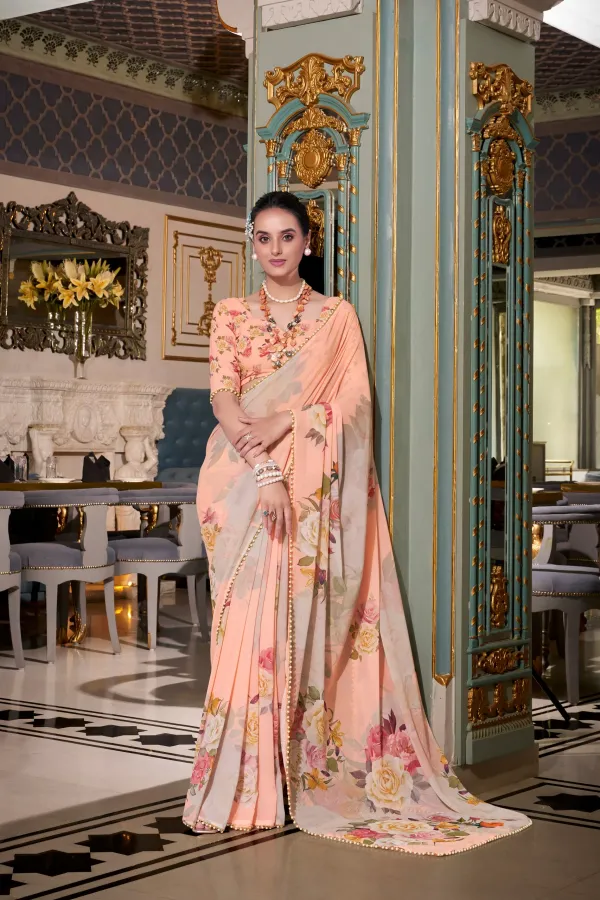 Peach_Floral_Printed_Georgette_Saree_With_Pearl_Lace_Border
