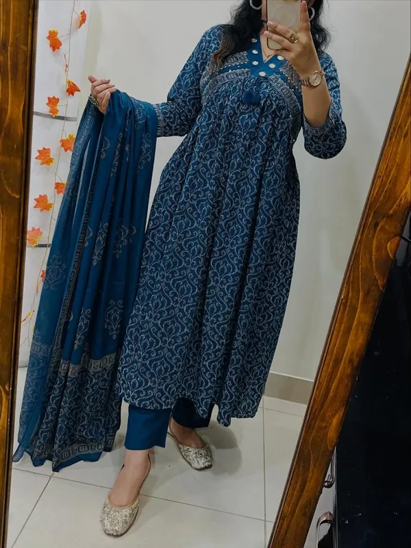 Midnight_Teal_Printed_Anarkali_Set_With_Dupatta_-_Blue