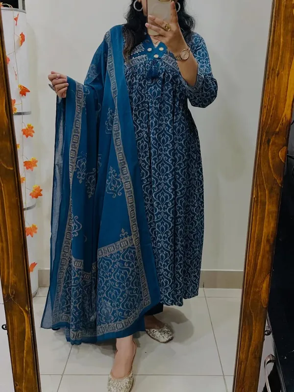 Midnight_Teal_Printed_Anarkali_Set_With_Dupatta_-_Blue