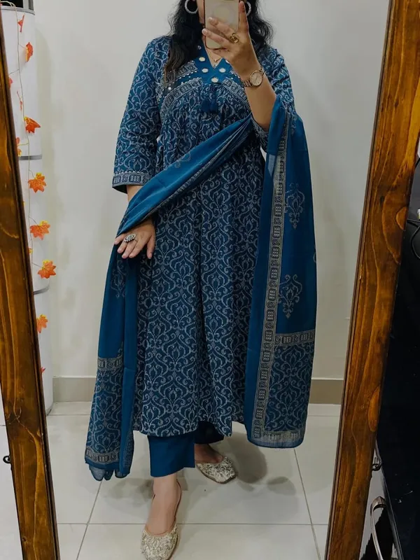 Midnight_Teal_Printed_Anarkali_Set_With_Dupatta_-_Blue