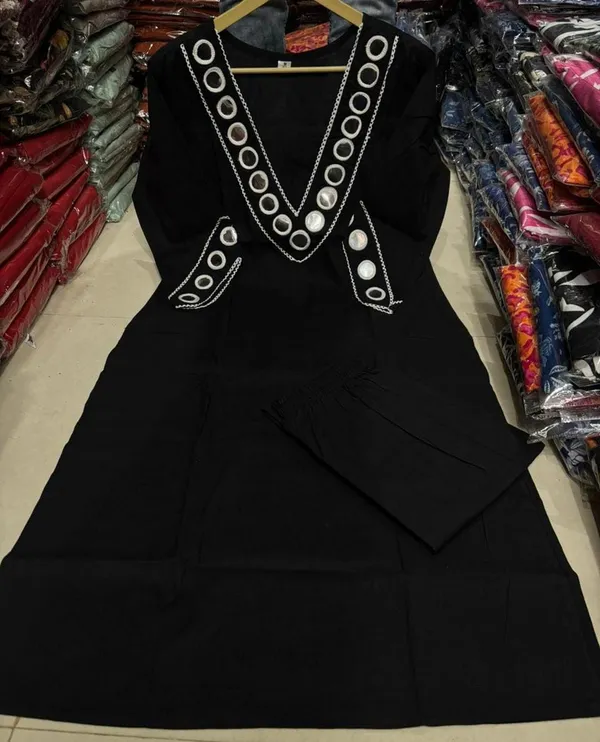 Black_Cotton_Mirror_Work_Office_Wear_Readymade_2_Pcs_Kurti