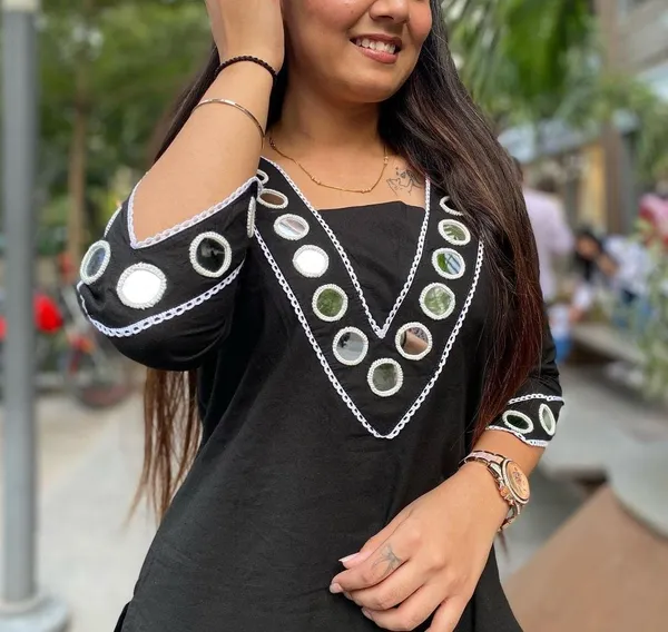 Black_Cotton_Mirror_Work_Office_Wear_Readymade_2_Pcs_Kurti