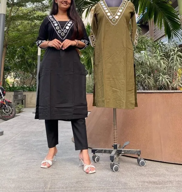 Black_Cotton_Mirror_Work_Office_Wear_Readymade_2_Pcs_Kurti