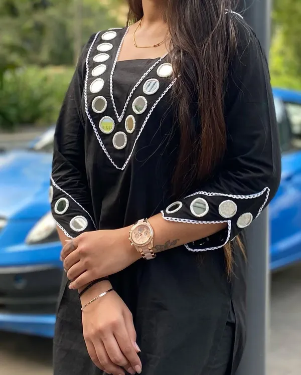 Black_Cotton_Mirror_Work_Office_Wear_Readymade_2_Pcs_Kurti