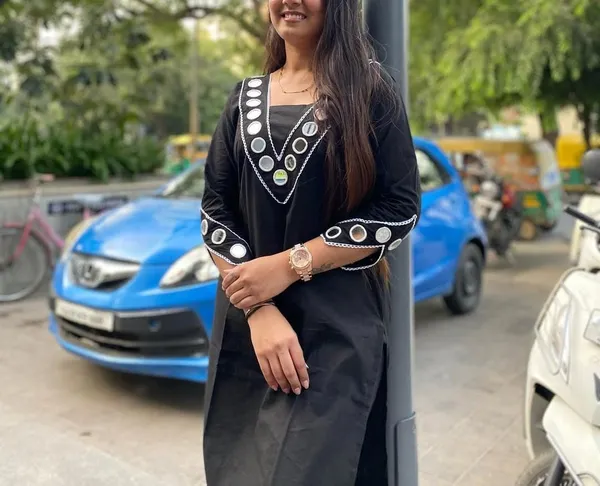 Black_Cotton_Mirror_Work_Office_Wear_Readymade_2_Pcs_Kurti