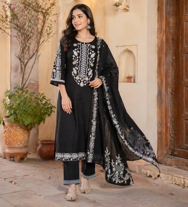 Black_Embroidered_Kurta_Pant_Set_With_Dupatta