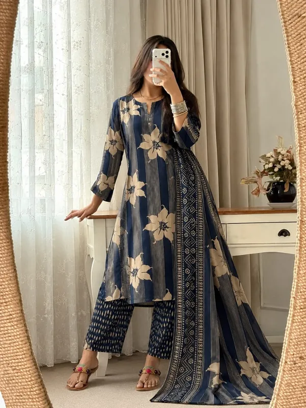 Blue_Floral_Printed_Kurta_Pant_Dupatta_Set
