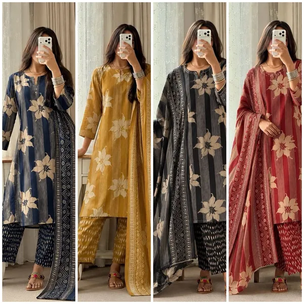 Blue_Floral_Printed_Kurta_Pant_Dupatta_Set