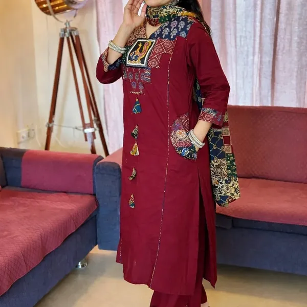 Premium_Cotton_Kalamkari_Kurta_Pant_Dupatta_Set_-_Brown