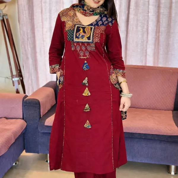 Premium_Cotton_Kalamkari_Kurta_Pant_Dupatta_Set_-_Brown