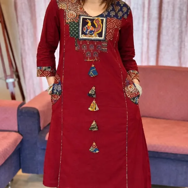 Premium_Cotton_Kalamkari_Kurta_Pant_Dupatta_Set_-_Brown