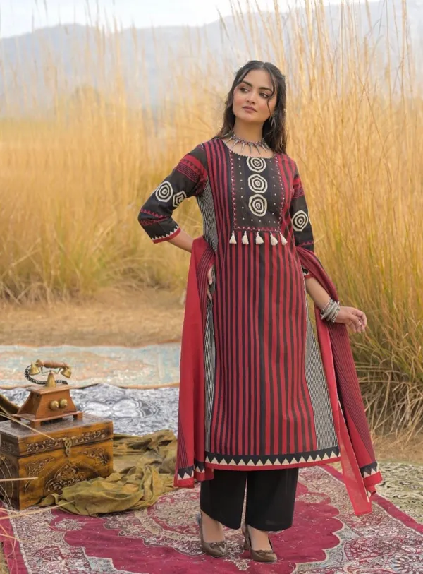 Premium_Red_Black_Boho_Print_Kurta_Set_with_Dupatta