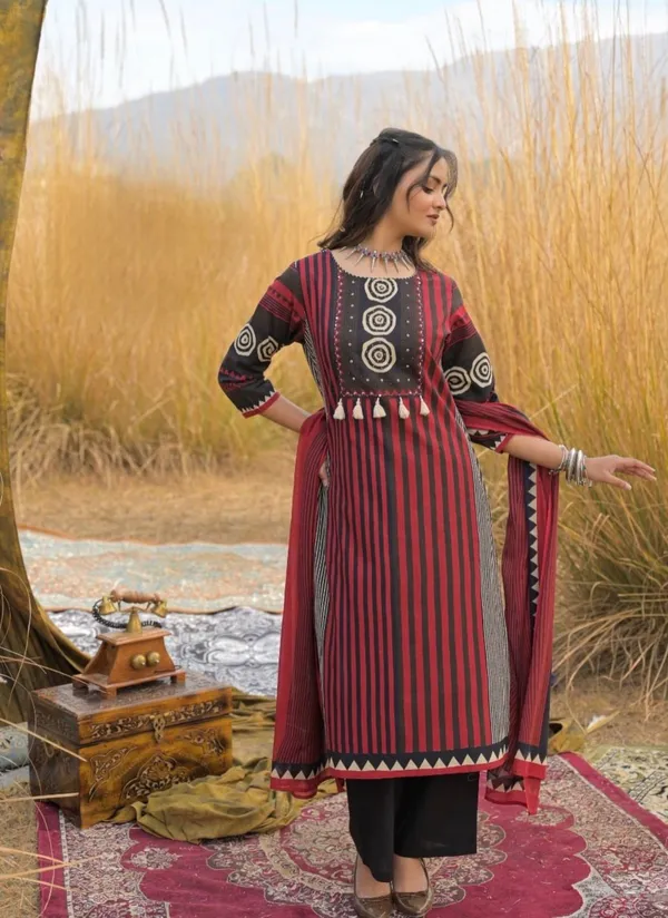 Premium_Red_Black_Boho_Print_Kurta_Set_with_Dupatta