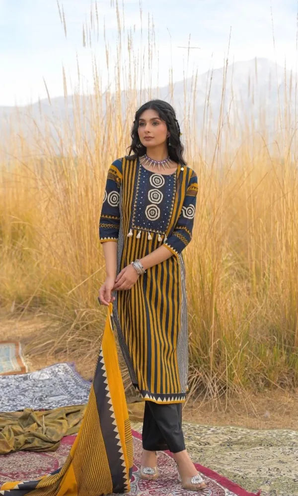 Yellow_And_Black_Premium_Heavy_Cotton_Full_Printer_Celebrate_In_Style_Raksha_Bandhan_Kurta_Pant_Dupatta_For_Women