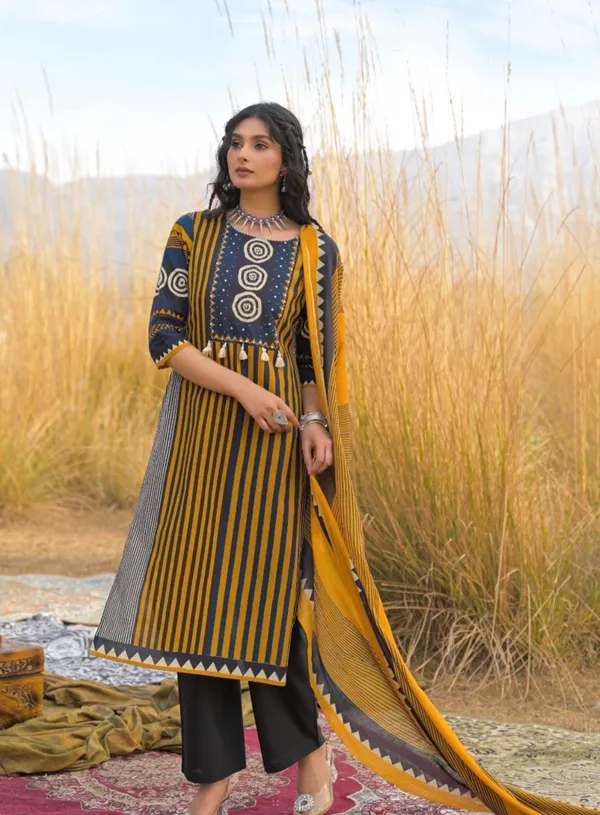 Yellow_And_Black_Premium_Heavy_Cotton_Full_Printer_Celebrate_In_Style_Raksha_Bandhan_Kurta_Pant_Dupatta_For_Women