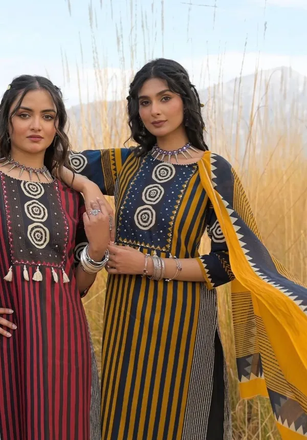 Yellow_And_Black_Premium_Heavy_Cotton_Full_Printer_Celebrate_In_Style_Raksha_Bandhan_Kurta_Pant_Dupatta_For_Women
