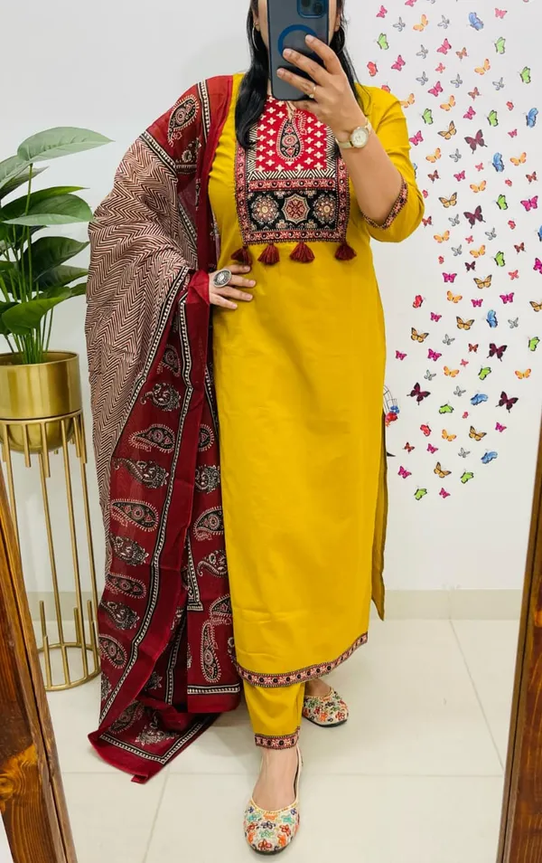 Yellow_Cotton_Premium_Kurta_Pant_Dupatta_Set_For_Women