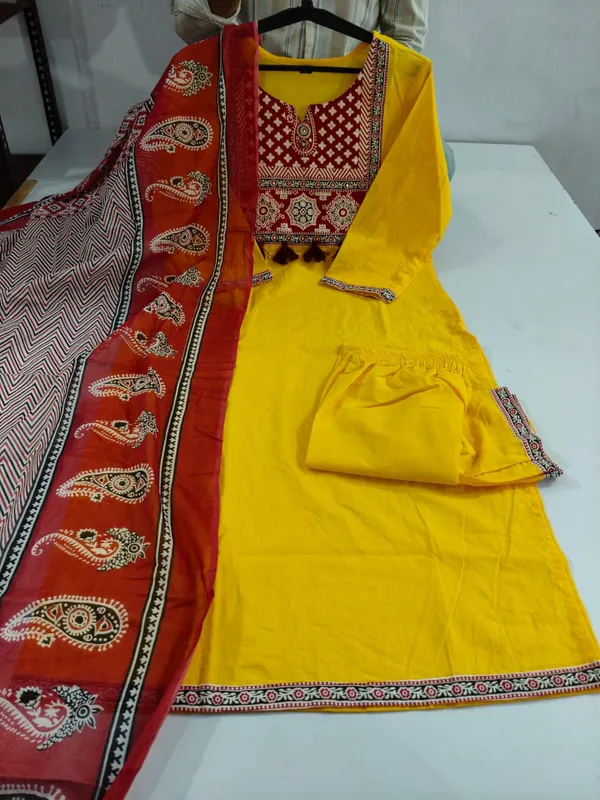 Yellow_Cotton_Premium_Kurta_Pant_Dupatta_Set_For_Women