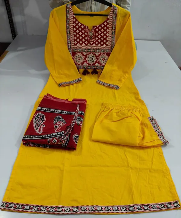 Yellow_Cotton_Premium_Kurta_Pant_Dupatta_Set_For_Women