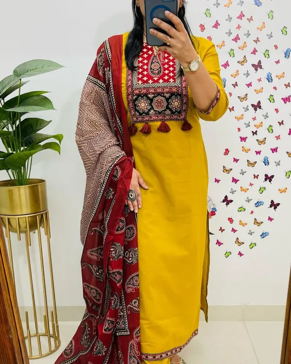 Yellow_Cotton_Premium_Kurta_Pant_Dupatta_Set_For_Women