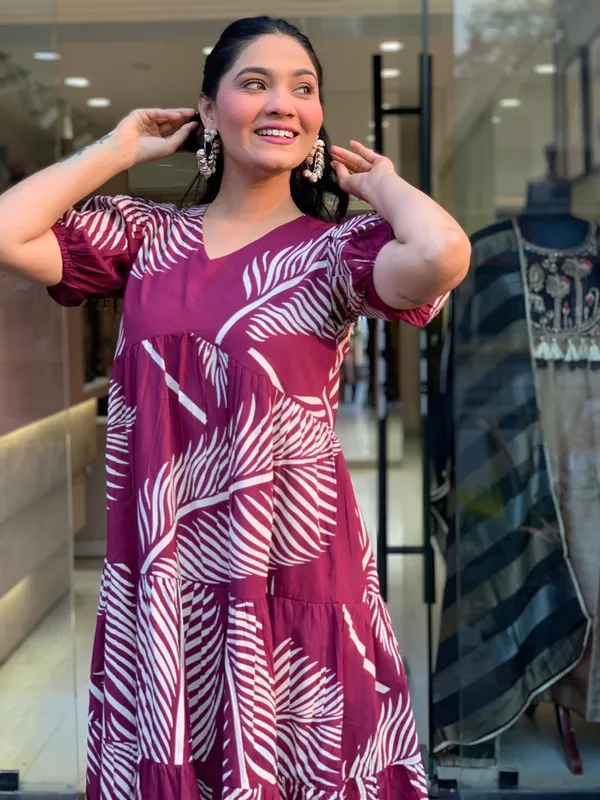 Maroon_Leaf_Print_Flared_Midi_Dress