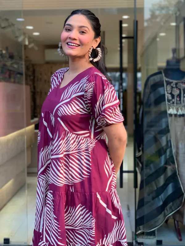 Maroon_Leaf_Print_Flared_Midi_Dress