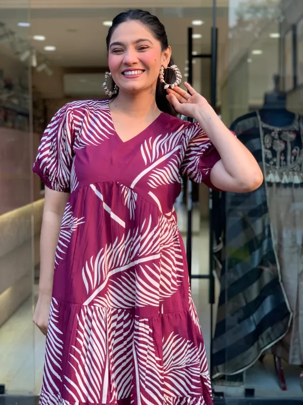 Maroon_Leaf_Print_Flared_Midi_Dress