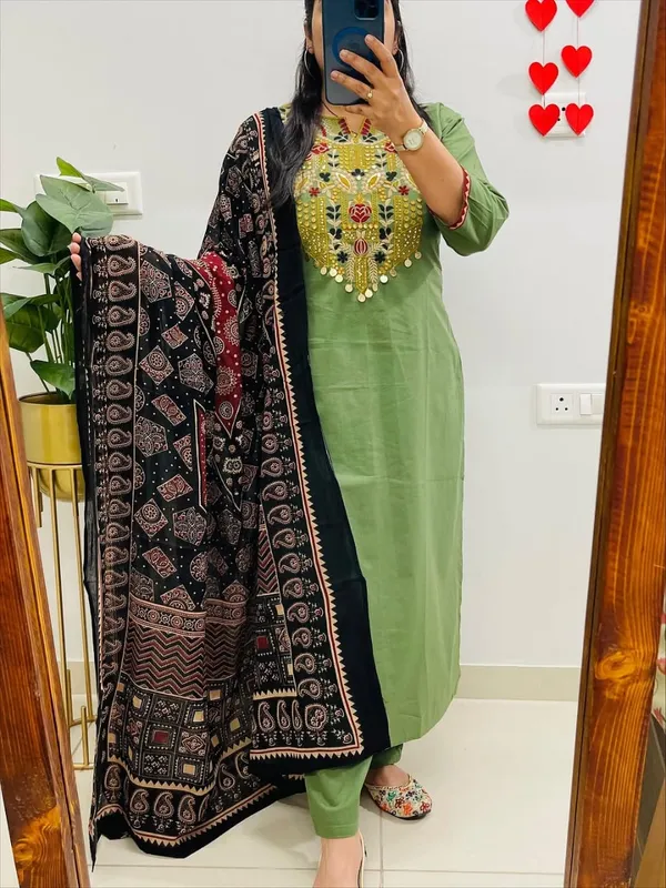 Green_Cotton_Premium_Kurti_Pant_Dupatta_Set_For_Women