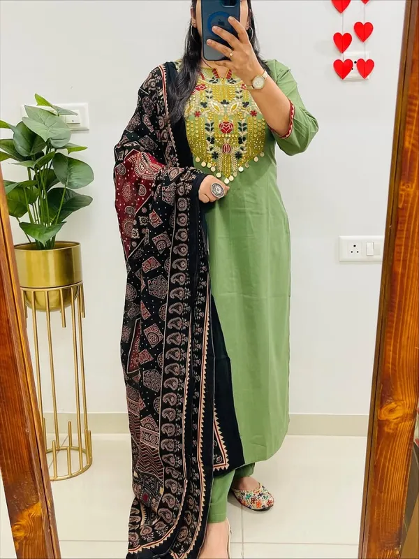 Green_Cotton_Premium_Kurti_Pant_Dupatta_Set_For_Women