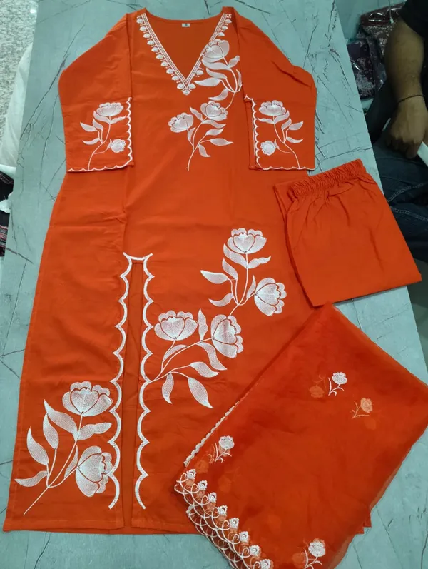 Bright_Orange_Elegant_Embroidery_Cotton_Kurta_Pant_Dupatta_Set