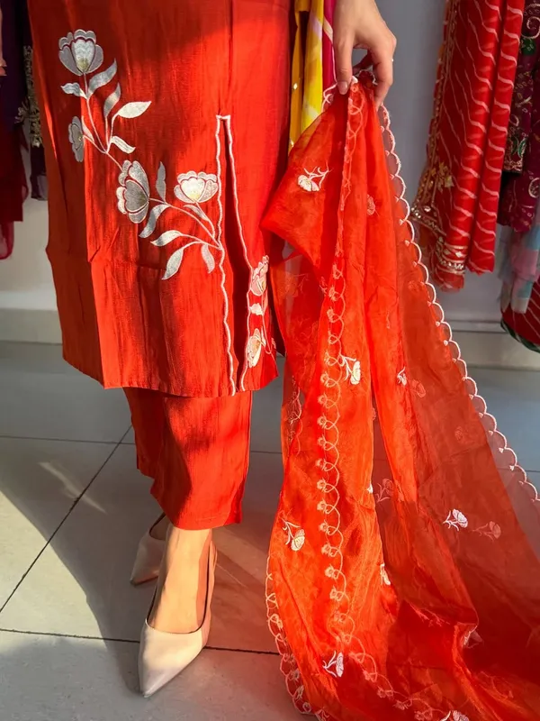 Bright_Orange_Elegant_Embroidery_Cotton_Kurta_Pant_Dupatta_Set